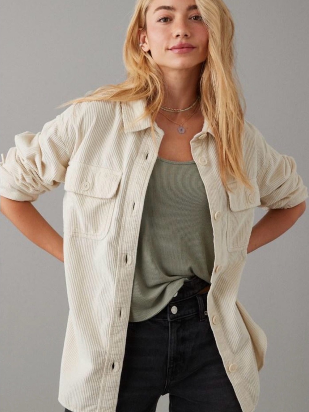 American Eagle Corduroy Shacket Womens XS Ivory Button Front Overshirt Jacket